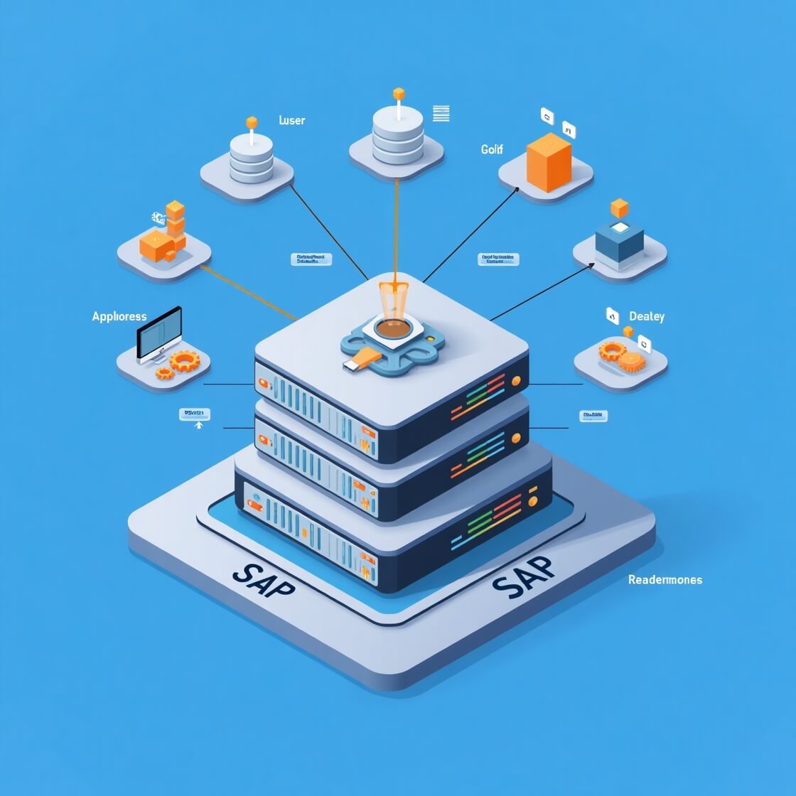 Ilustración conceptual de SAP Basis con servidores, conexiones y monitoreo.