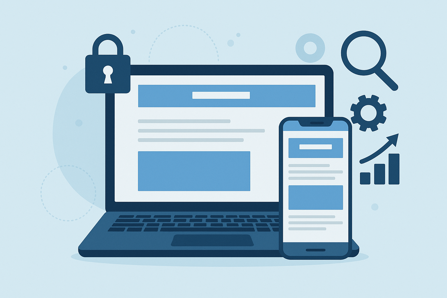 Ilustración moderna de un sitio web profesional adaptado a dispositivos, con íconos de diseño responsive, seguridad, velocidad y SEO